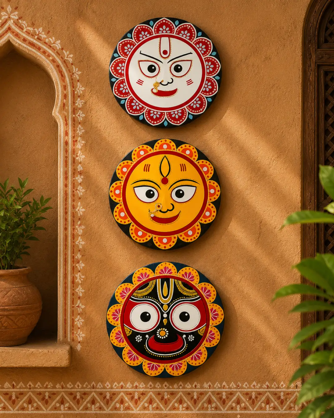 Jagannath · Balabhadra · Subhadra — Handpainted Trio Wall Art Set — inside view